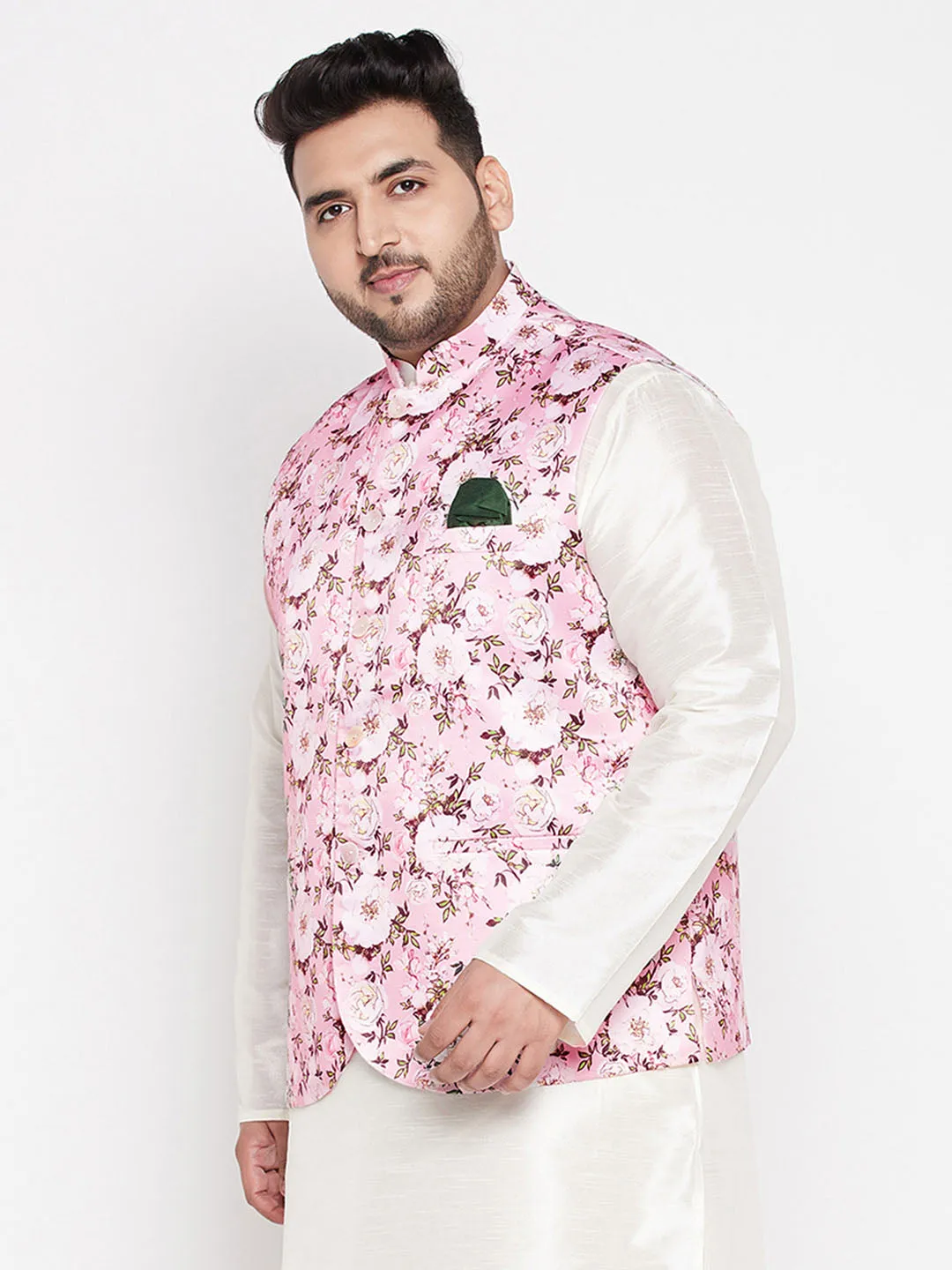 Jashvi Men's Plus Size Pink Floral Print Silk Blend Nehru Jacket