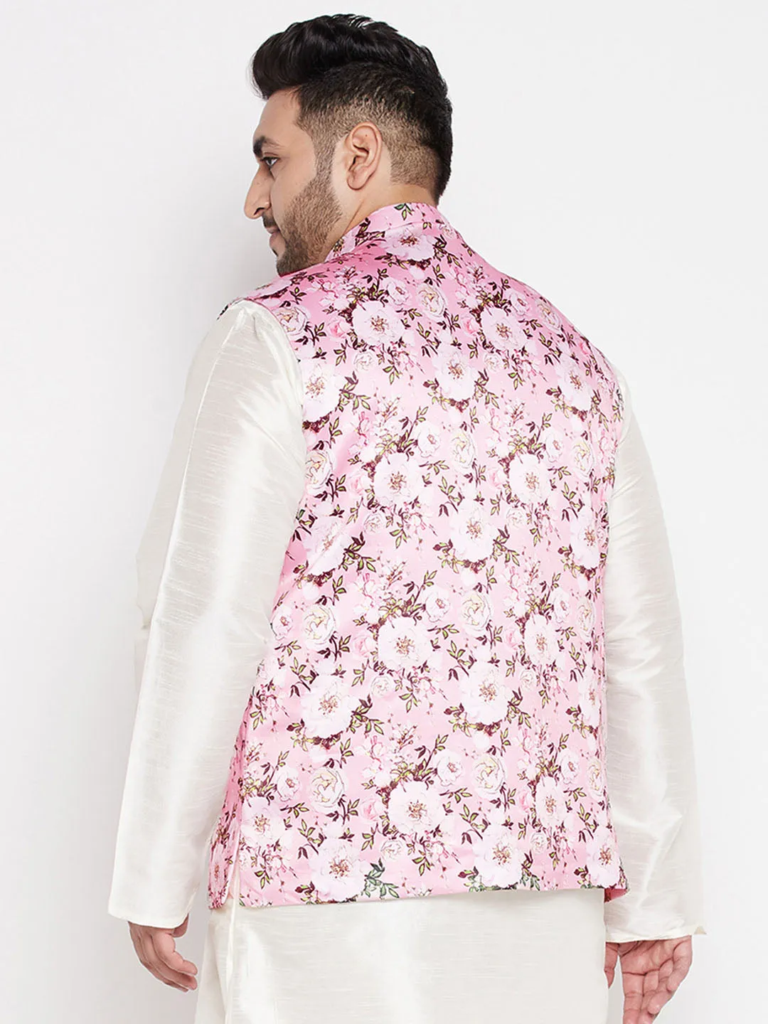Jashvi Men's Plus Size Pink Floral Print Silk Blend Nehru Jacket