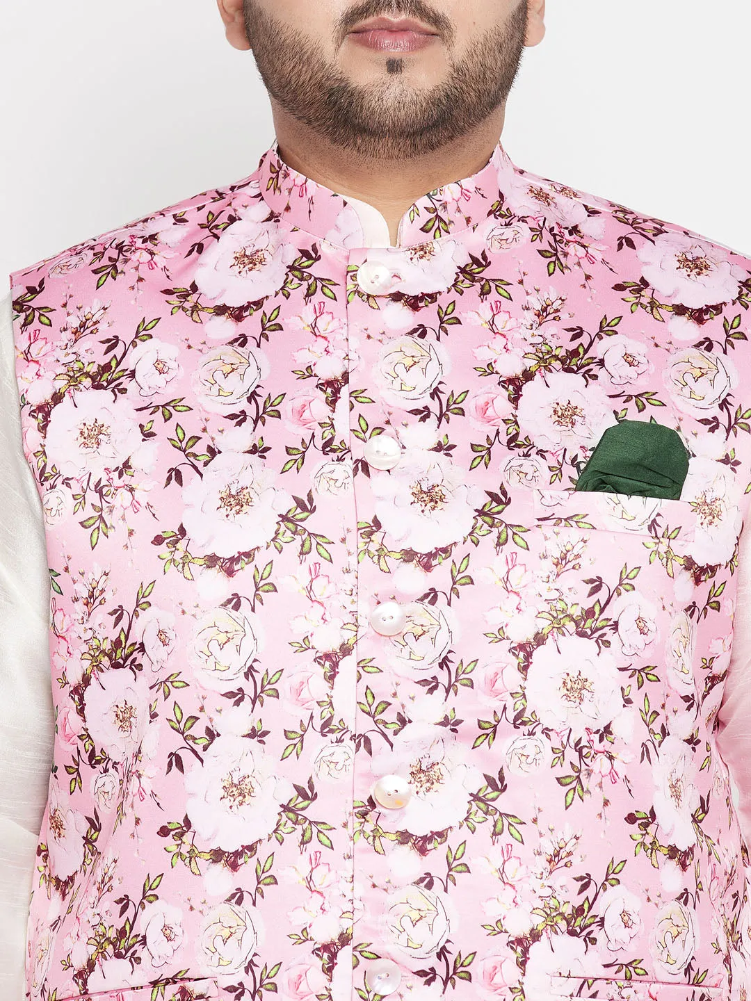 Jashvi Men's Plus Size Pink Floral Print Silk Blend Nehru Jacket