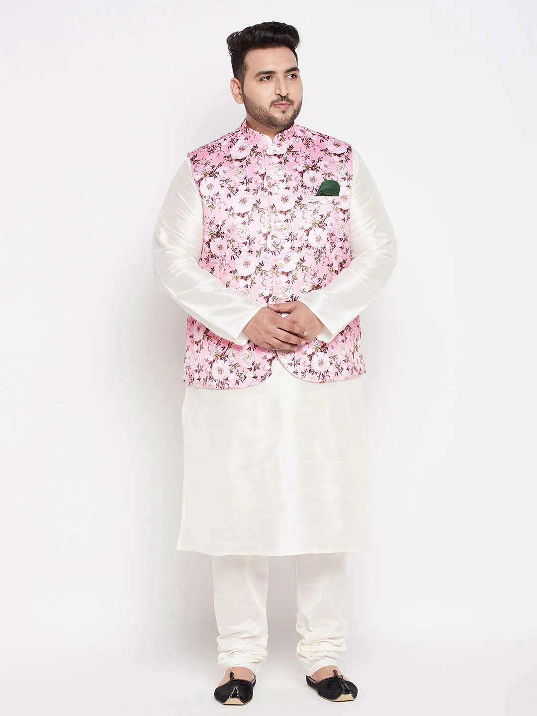 Jashvi Men's Plus Size Pink Floral Print Silk Blend Nehru Jacket