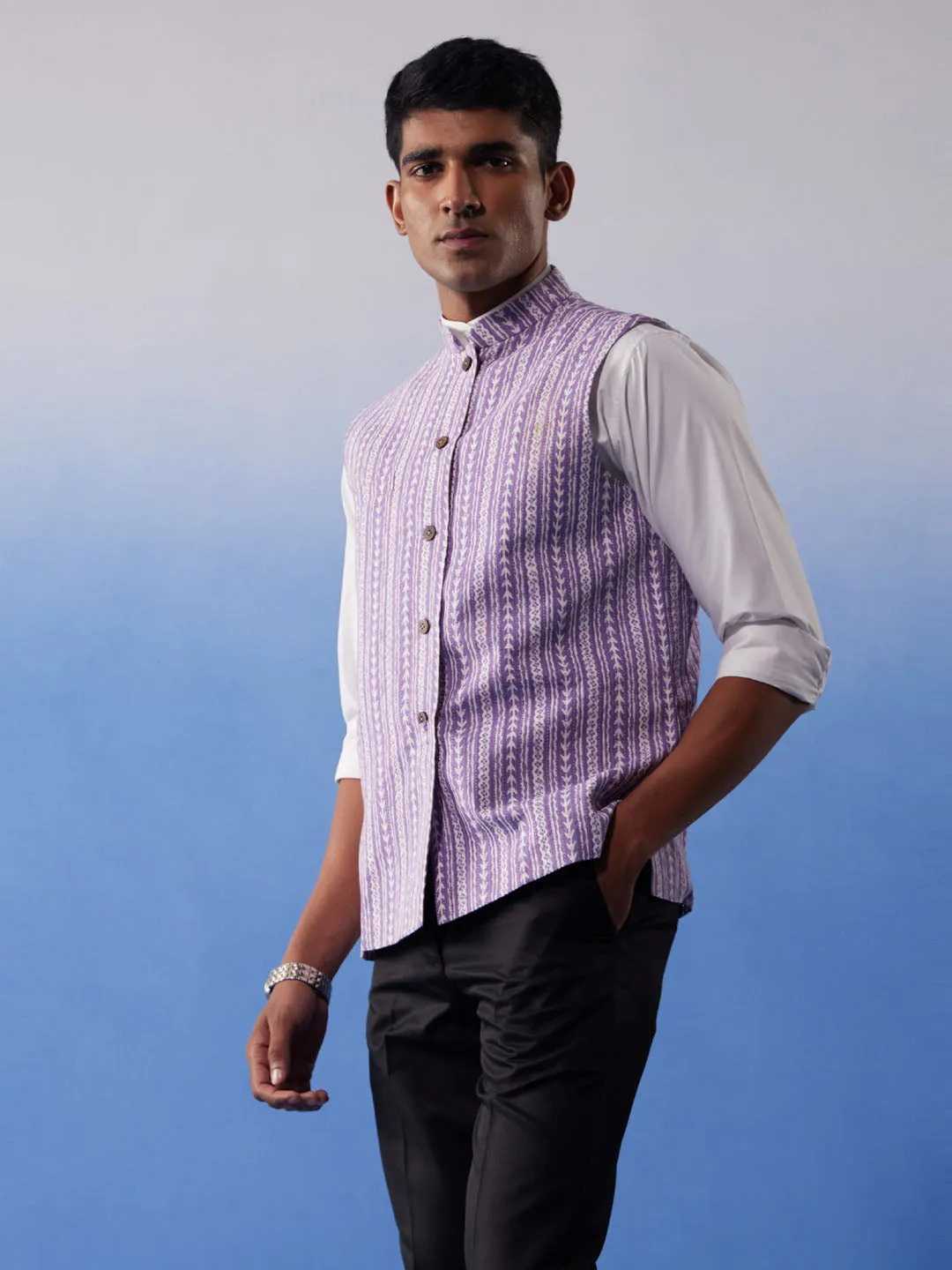 Jashvi Men's Purple Aztec Print Nehru Jacket
