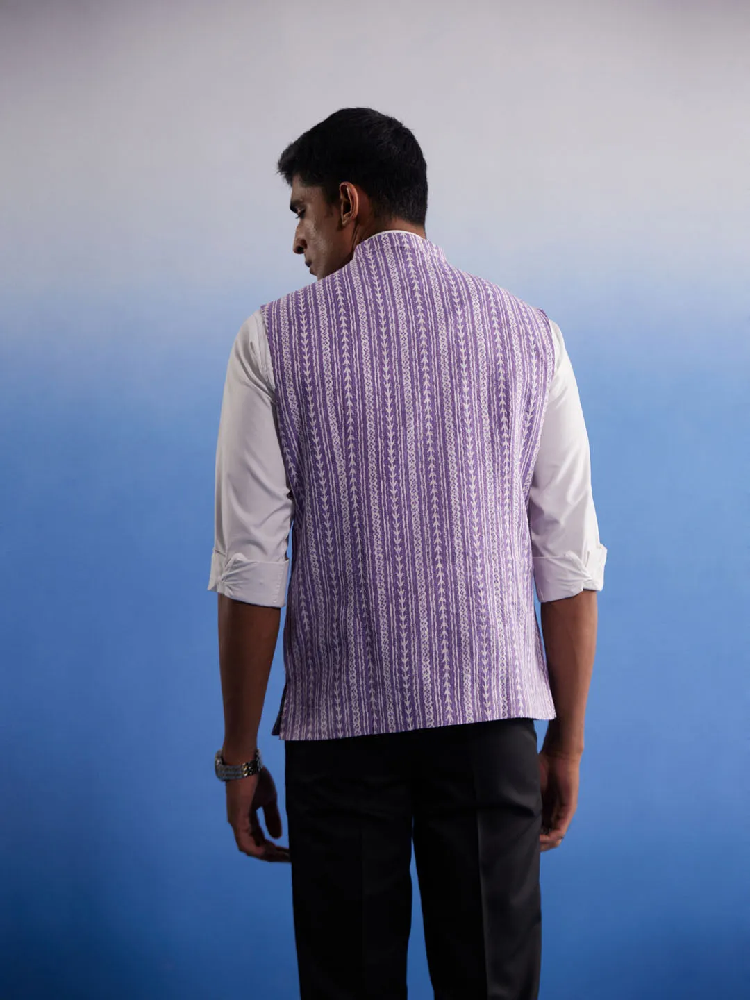 Jashvi Men's Purple Aztec Print Nehru Jacket