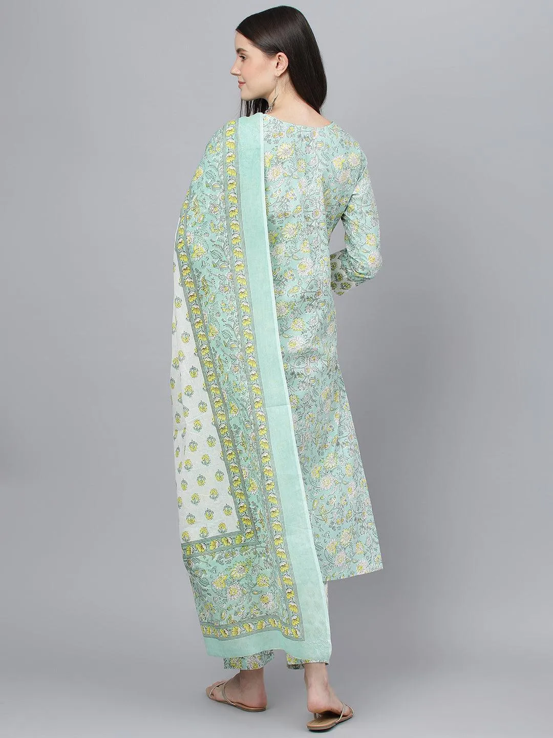 Jashvi Mint Green Floral Printed Kurta Pant set With Dupatta