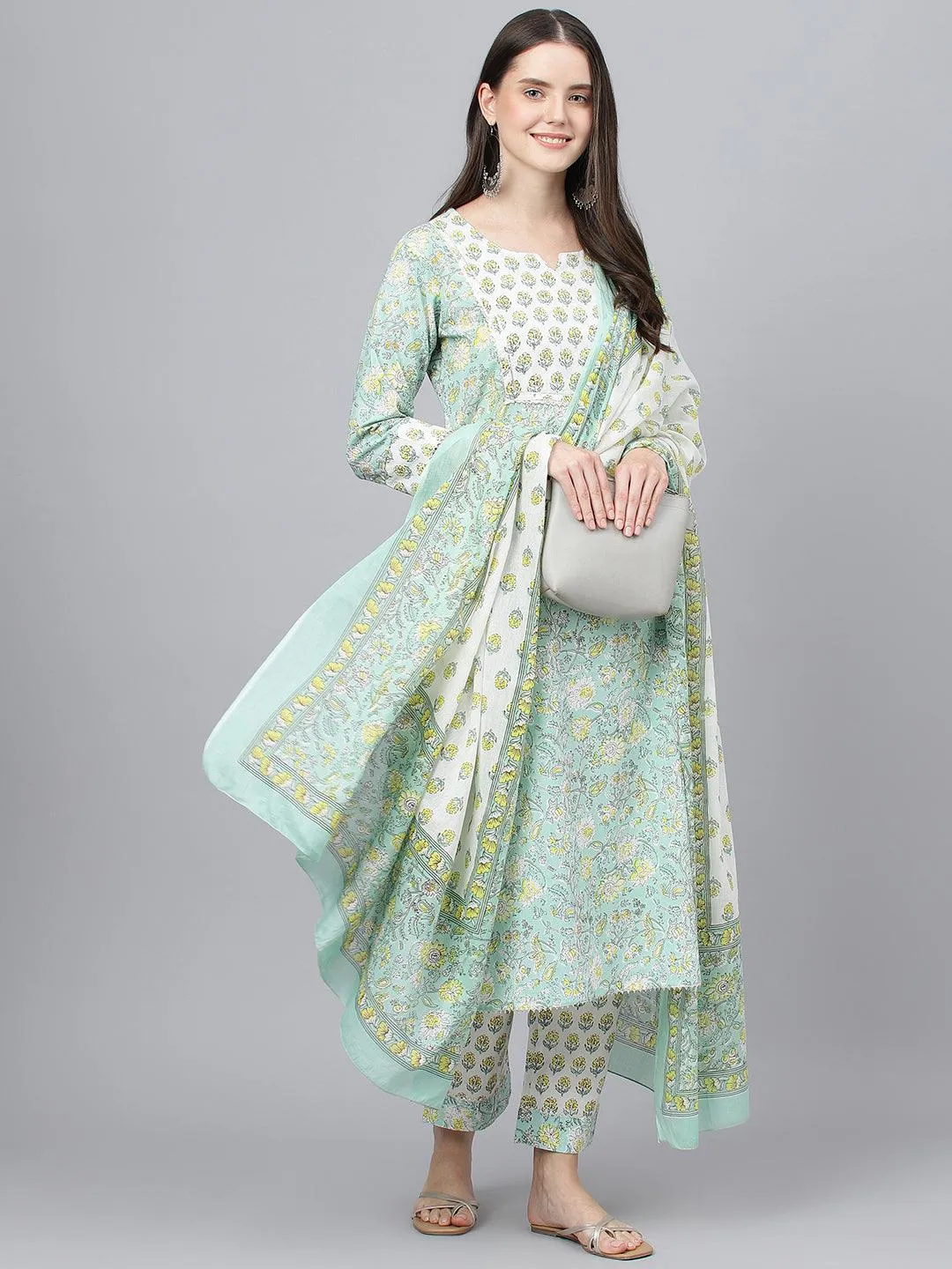 Jashvi Mint Green Floral Printed Kurta Pant set With Dupatta