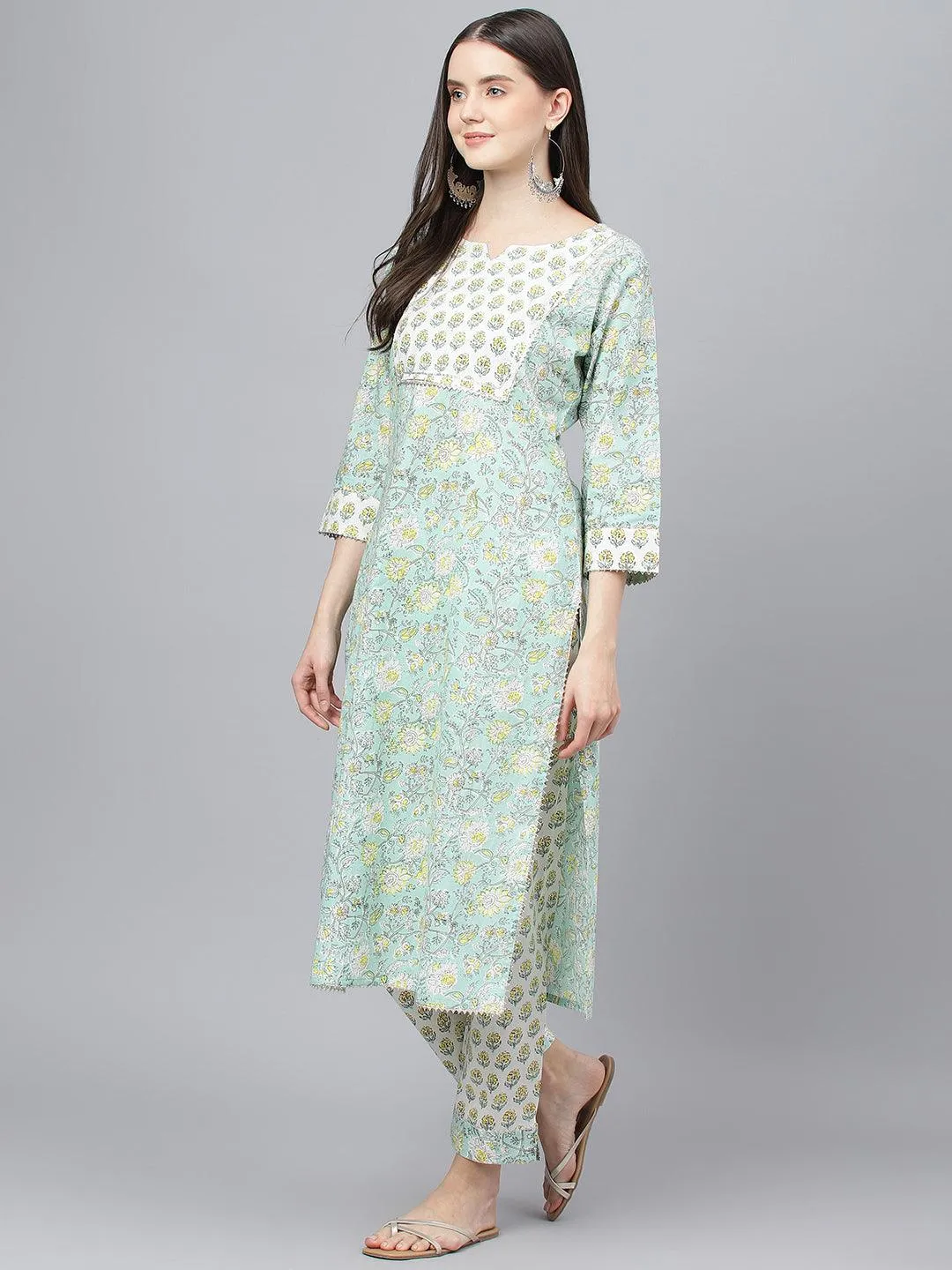 Jashvi Mint Green Floral Printed Kurta Pant set With Dupatta