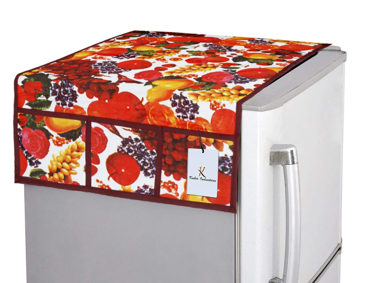 Kuber Industries Fruits Design 3 Pieces PVC Fridge Mats,2 Piece Handle Cover and 1 Piece Fridge Top Cover (Red & White) CTKTC34092