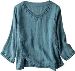 Linen Shirt for Women 3/4 Sleeve Linen Blouses Loose Fit Embroidery Cotton Tops