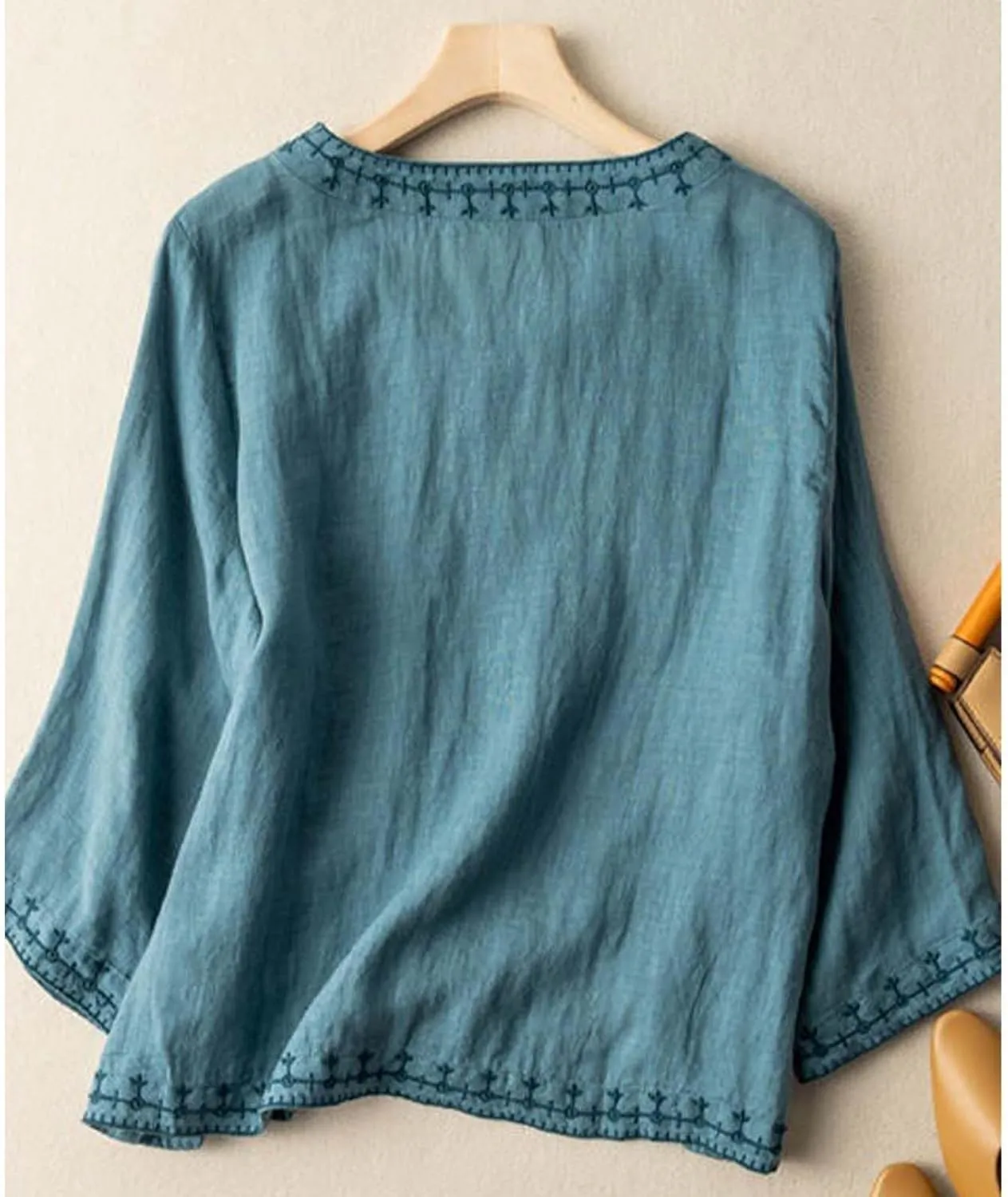 Linen Shirt for Women 3/4 Sleeve Linen Blouses Loose Fit Embroidery Cotton Tops