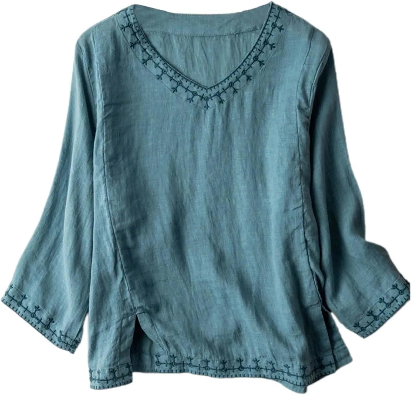 Linen Shirt for Women 3/4 Sleeve Linen Blouses Loose Fit Embroidery Cotton Tops