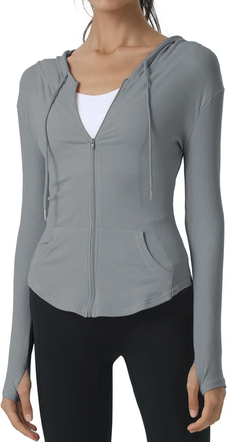 Locachy Womens Slim Fit Full Zip Hoodie Athletic Jacket Yoga Workout Running Jackets with Thumb Holes