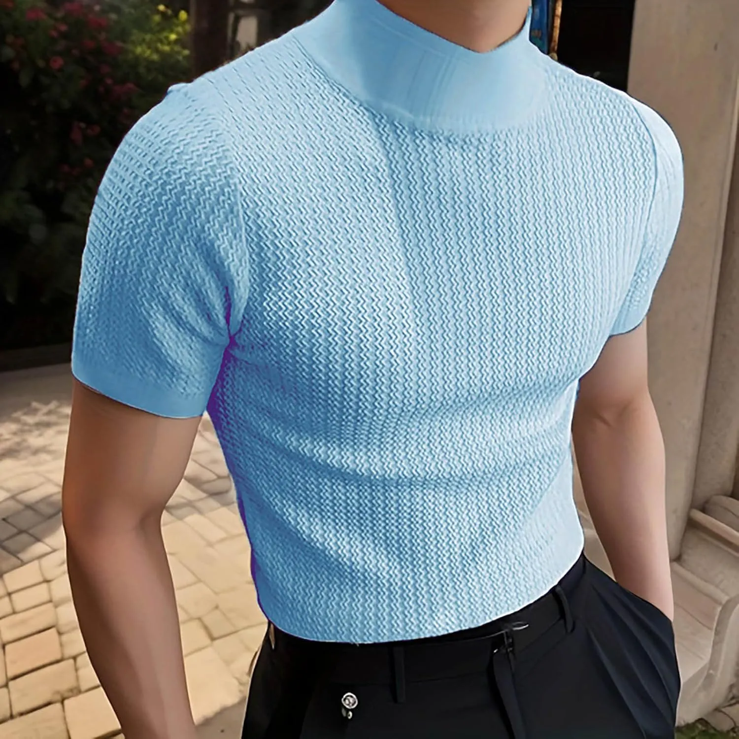 Men Mock Turtleneck Tshirt Ribbed High Collar Short Sleeve Pullover Tops Spring Summer Basic Fitted Muscle Undershirt