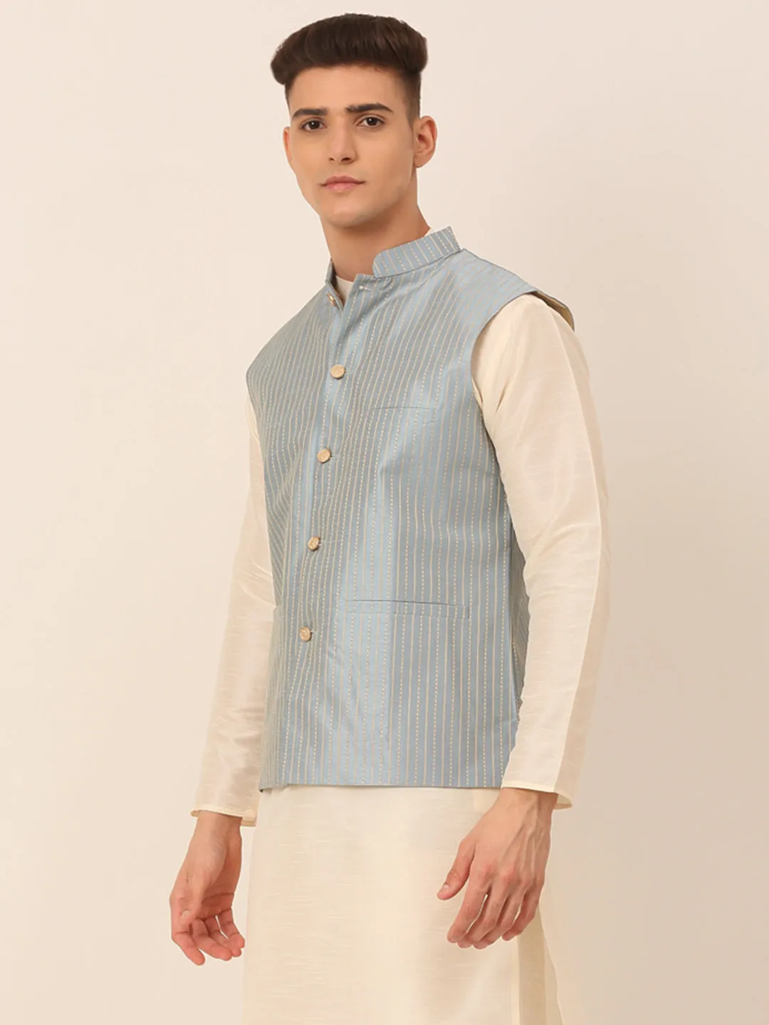 Men's Blue & Golden Embroidered Nehru Jackets ( Jowc 4043 Blue ) - Virat Fashions
