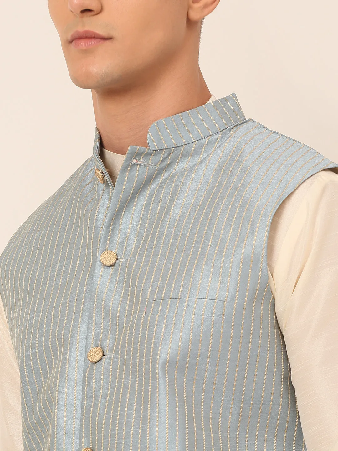 Men's Blue & Golden Embroidered Nehru Jackets ( Jowc 4043 Blue ) - Virat Fashions