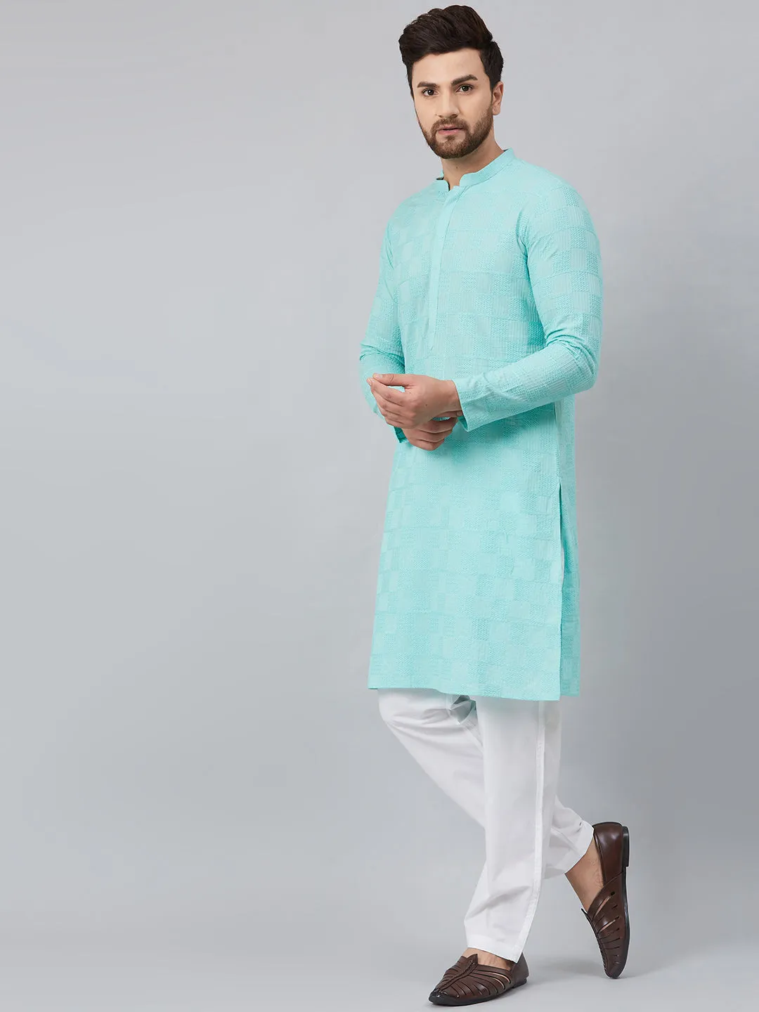 Men's Lime Green Green Chikankari Embroidered Woven Design Straight Kurta With Pyjama - See Designs