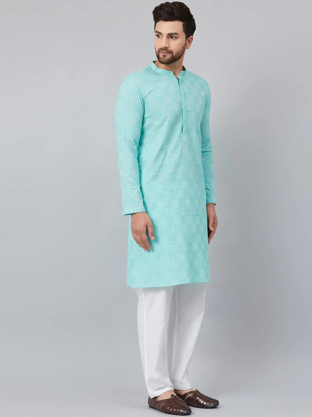 Men's Lime Green Green Chikankari Embroidered Woven Design Straight Kurta With Pyjama - See Designs
