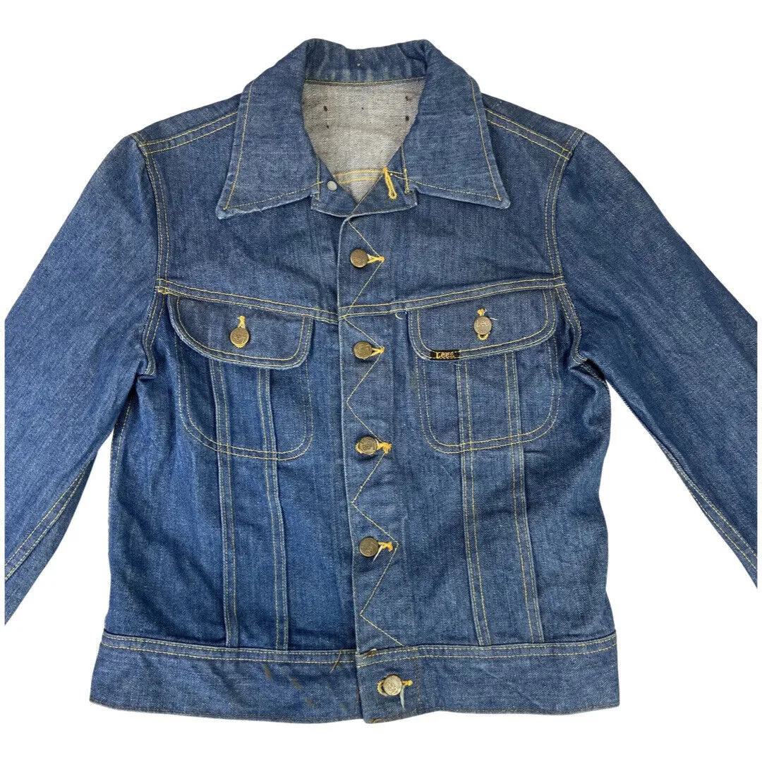 RARE VTG EARLY 1970s USA MADE LEE JEANS TRUCKER STIFF DENIM JACKET 34” XS