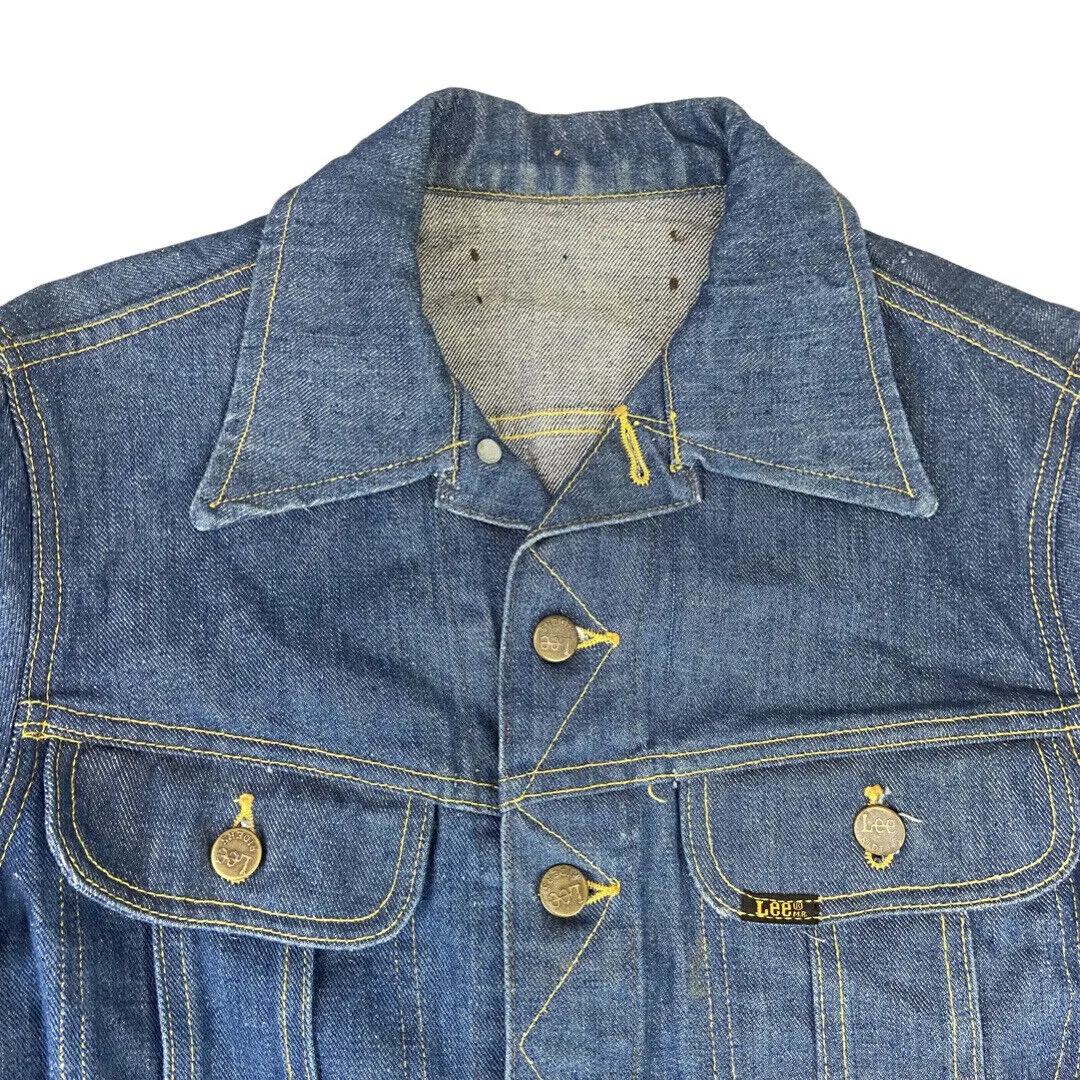 RARE VTG EARLY 1970s USA MADE LEE JEANS TRUCKER STIFF DENIM JACKET 34” XS