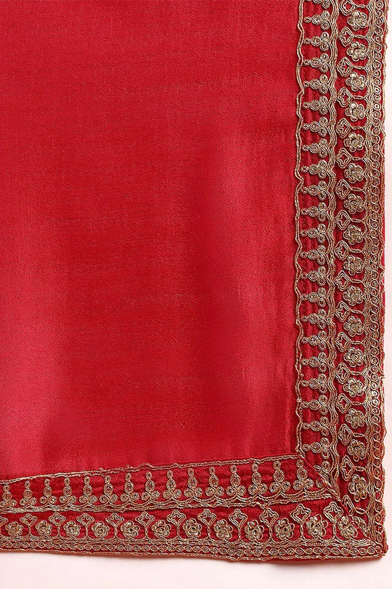 Red Silk Blend Embroidered Straight Shape Suit Set with Dupatta