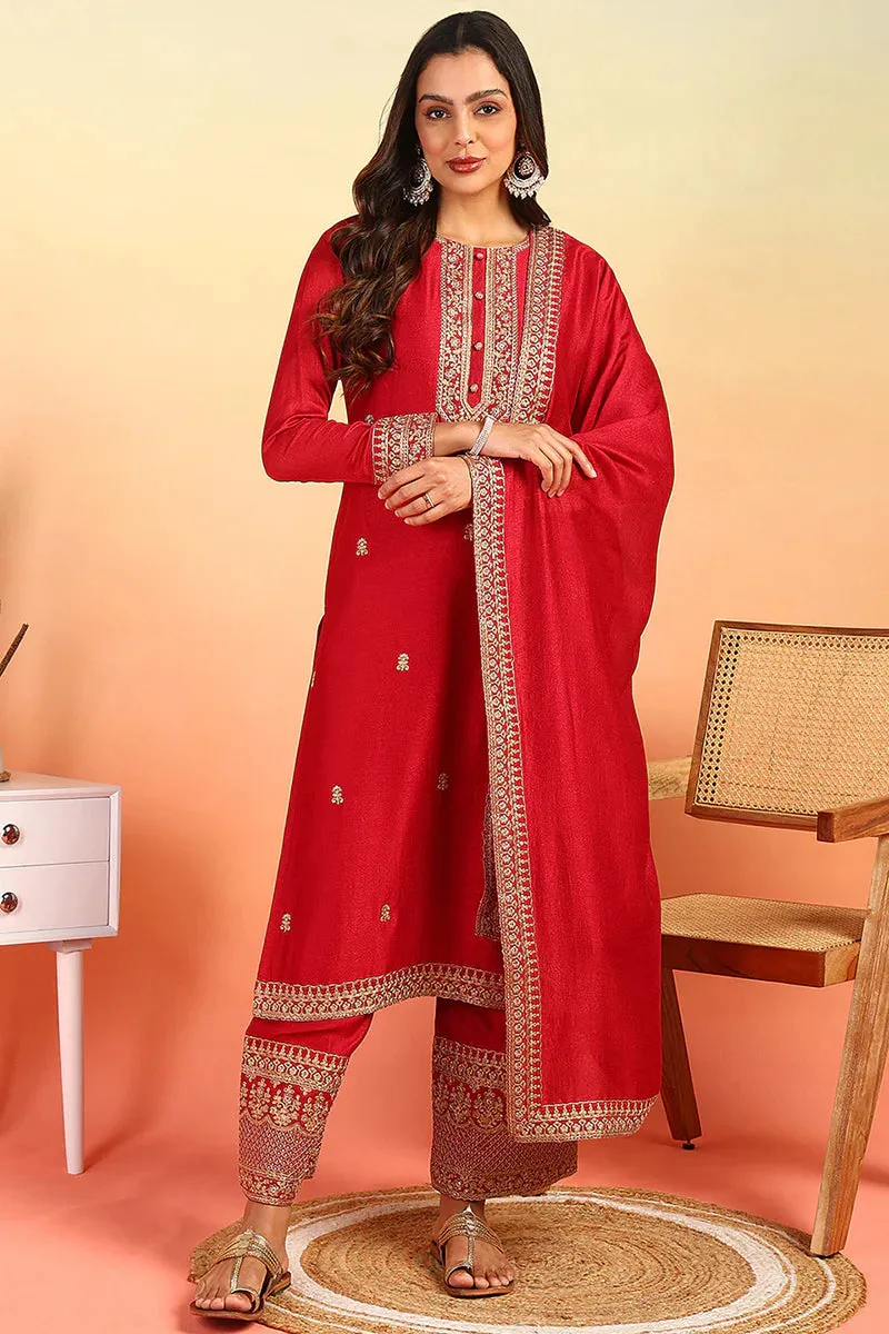 Red Silk Blend Embroidered Straight Shape Suit Set with Dupatta