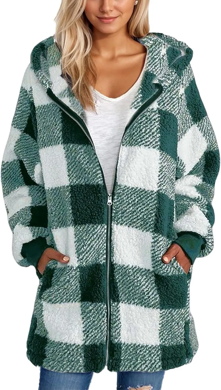 Shackets for Women 2024 Fall Zip Up Fuzzy Plaid Jacket Plus Size Casual Warm Winter Fleece Long Hoodie with Pockets
