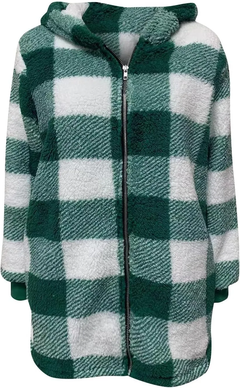 Shackets for Women 2024 Fall Zip Up Fuzzy Plaid Jacket Plus Size Casual Warm Winter Fleece Long Hoodie with Pockets