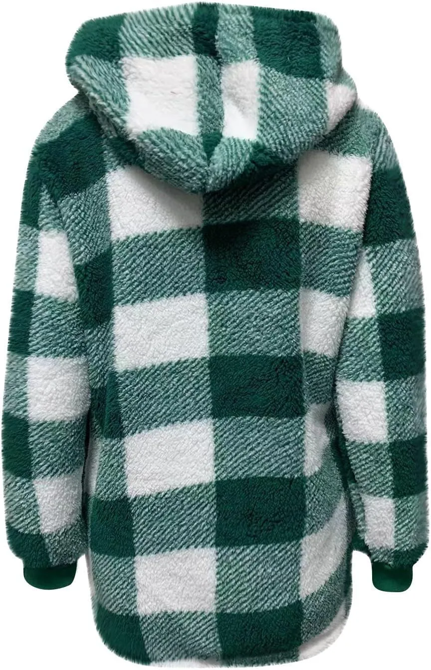 Shackets for Women 2024 Fall Zip Up Fuzzy Plaid Jacket Plus Size Casual Warm Winter Fleece Long Hoodie with Pockets