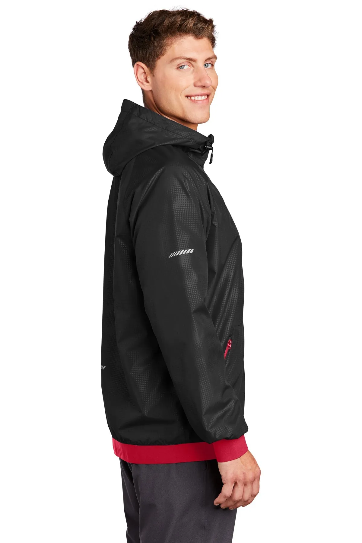 Sport-Tek Embossed Hooded Custom Wind Jackets, Black/ True Red