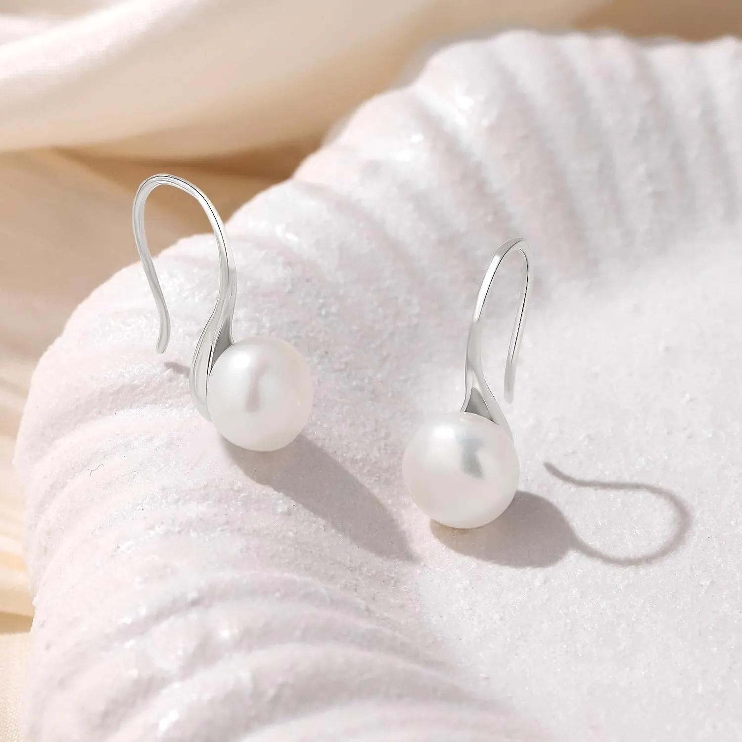 Sterling Silver Pearl Drop Earrings, Classic Hook Design, White
