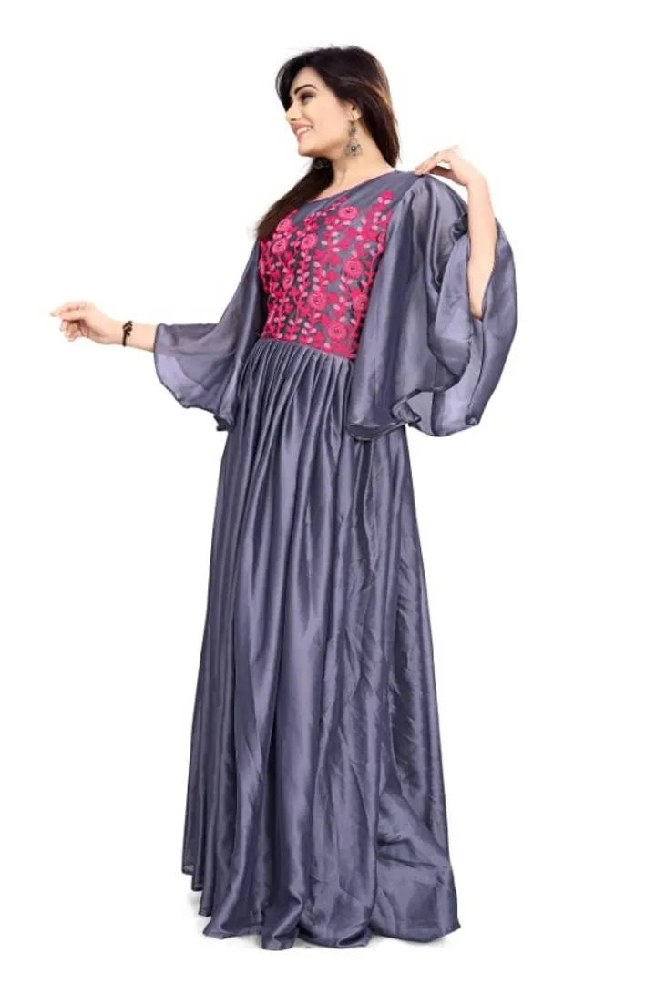 Stylish Grey Embroidery Towel Work Umbrella Design Silk Gown