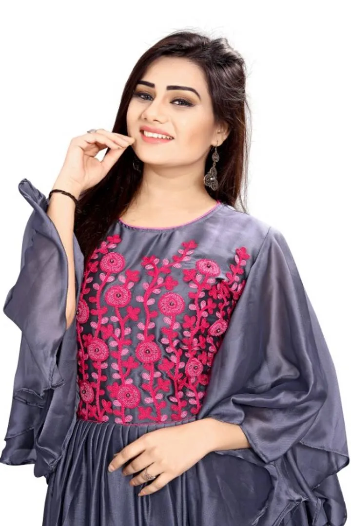 Stylish Grey Embroidery Towel Work Umbrella Design Silk Gown