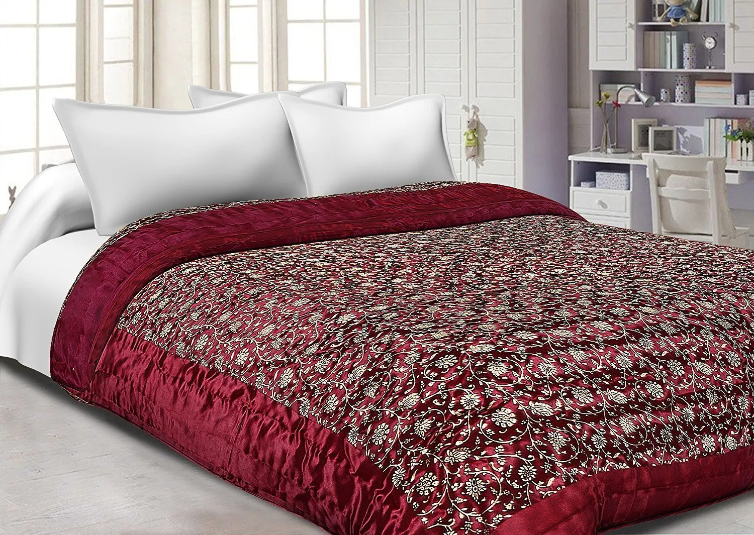SVT Double Bed Size Jaipuri Silk AC Quilt Razai with Gold Print- Maroon, Single