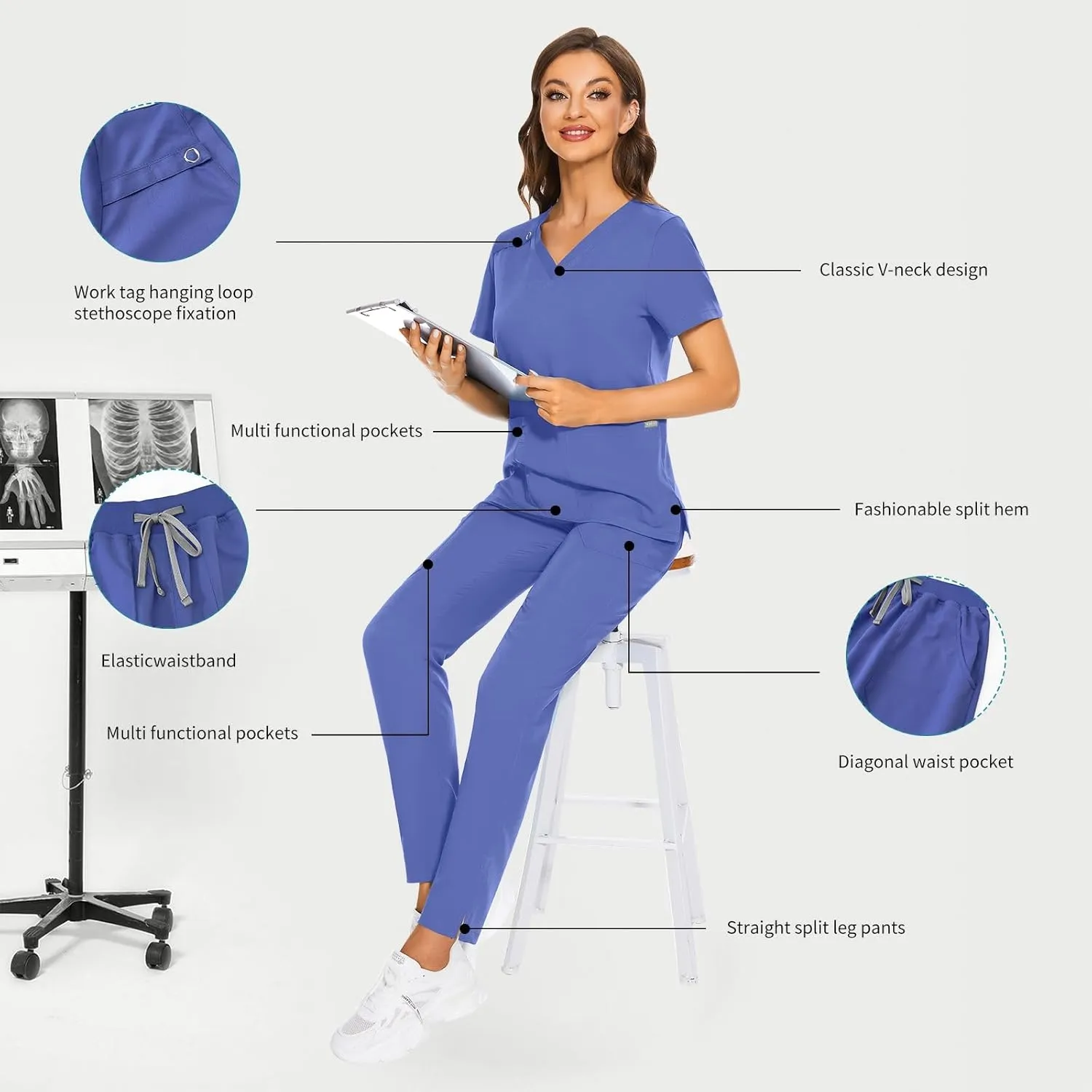 VIAOLI Scrubs Set for Women - Modern V-Neck Top & Tapered Leg Jogger Pants Multiple Pockets Nursing Uniforms