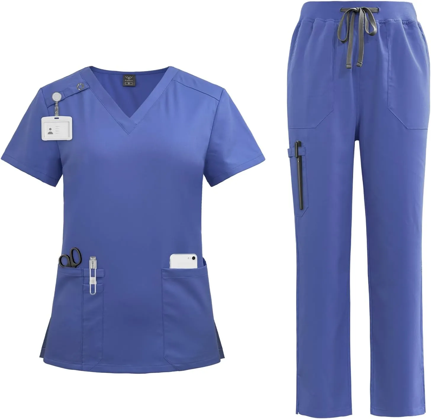 VIAOLI Scrubs Set for Women - Modern V-Neck Top & Tapered Leg Jogger Pants Multiple Pockets Nursing Uniforms