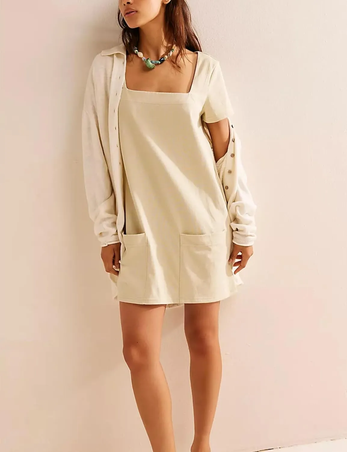 Wanzetaly Women's Green Casual Mini Dress with Square Neck, Short Sleeves, Pockets, Above Knee Length