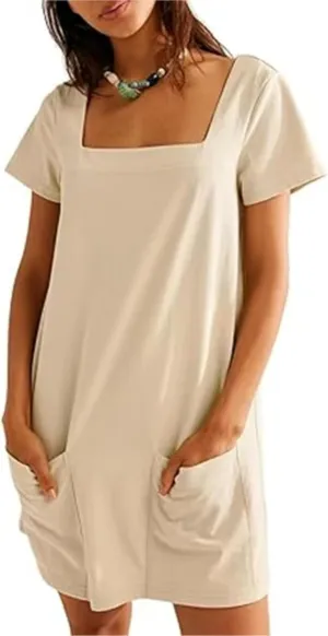 Wanzetaly Women's Green Casual Mini Dress with Square Neck, Short Sleeves, Pockets, Above Knee Length