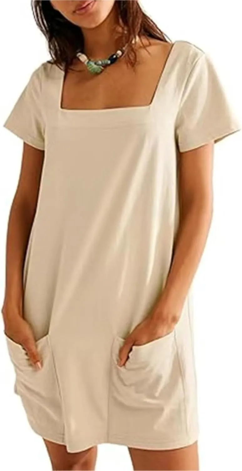 Wanzetaly Women's Green Casual Mini Dress with Square Neck, Short Sleeves, Pockets, Above Knee Length