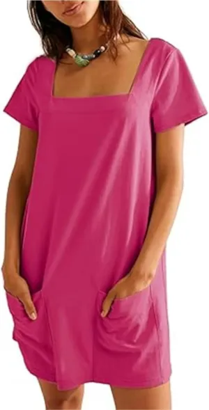 Wanzetaly Women's Green Casual Mini Dress with Square Neck, Short Sleeves, Pockets, Above Knee Length