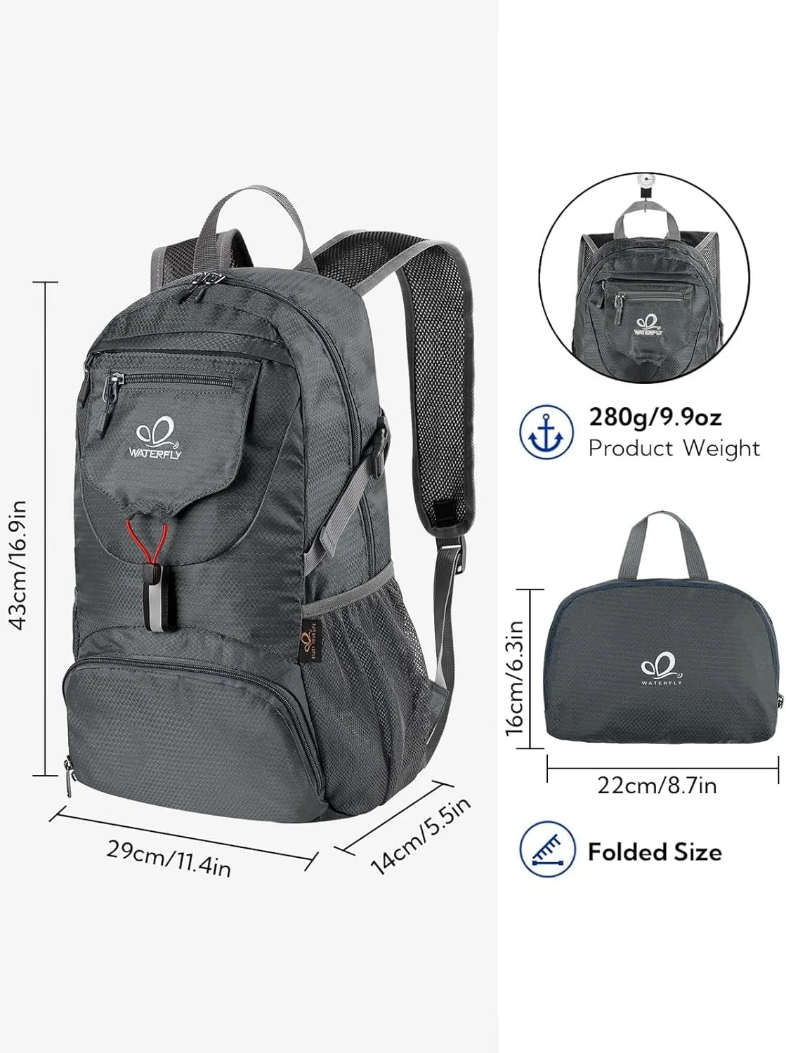 WATERFLY Small Lightweight Packable Backpack: 20l Ultra Light Foldable Travel Hiking Camping Daypack Day Pack for Man Woman