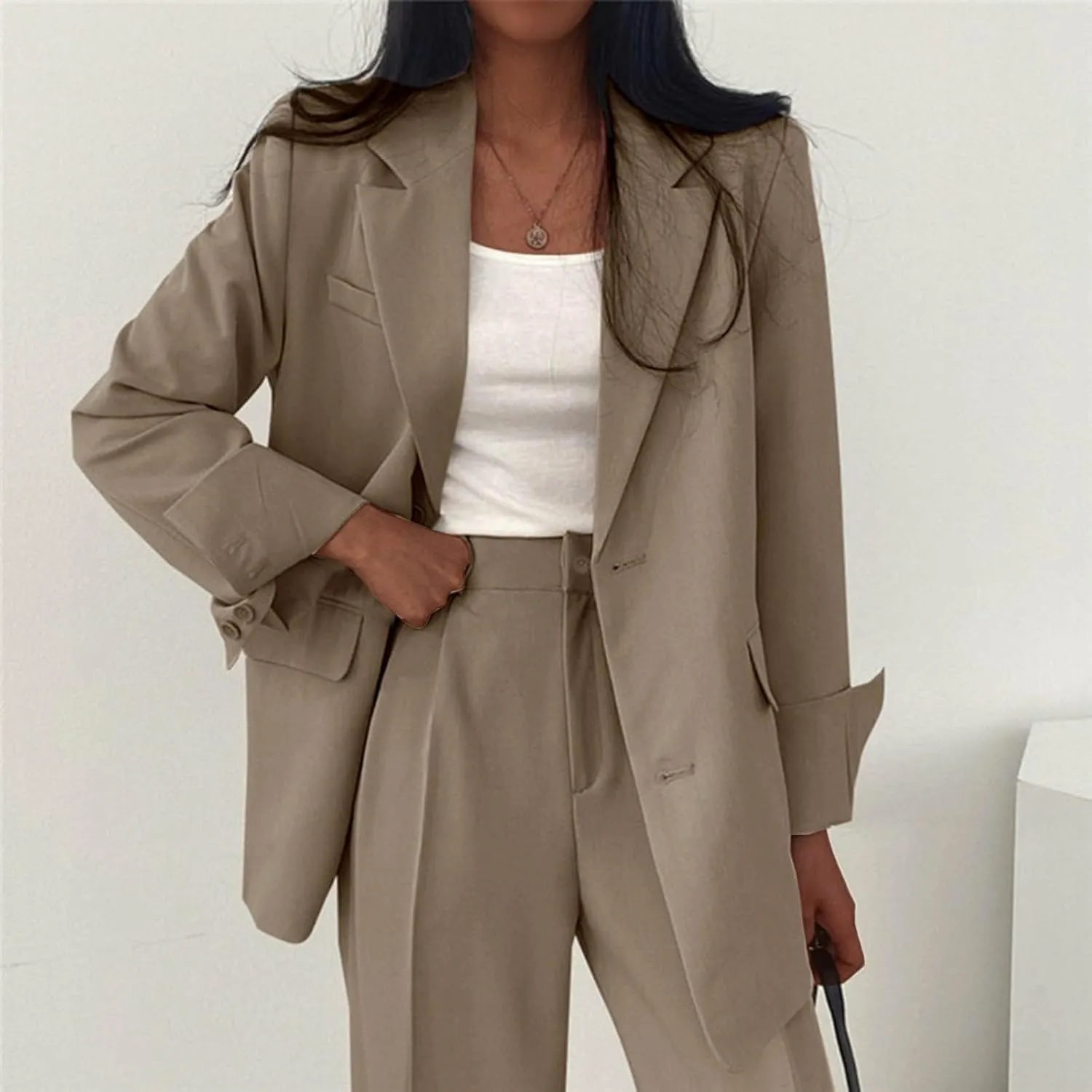 Women's Blazer Jackets Fall Long Sleeve Open Front Button Work Office Suit Jacket with Pockets