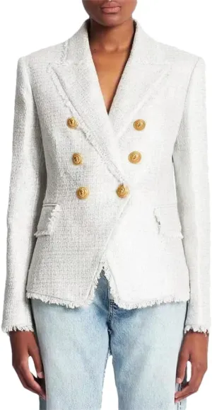 Women's Spring Autumn Classic Tweed Fabric Double Breasted Blazer Jacket