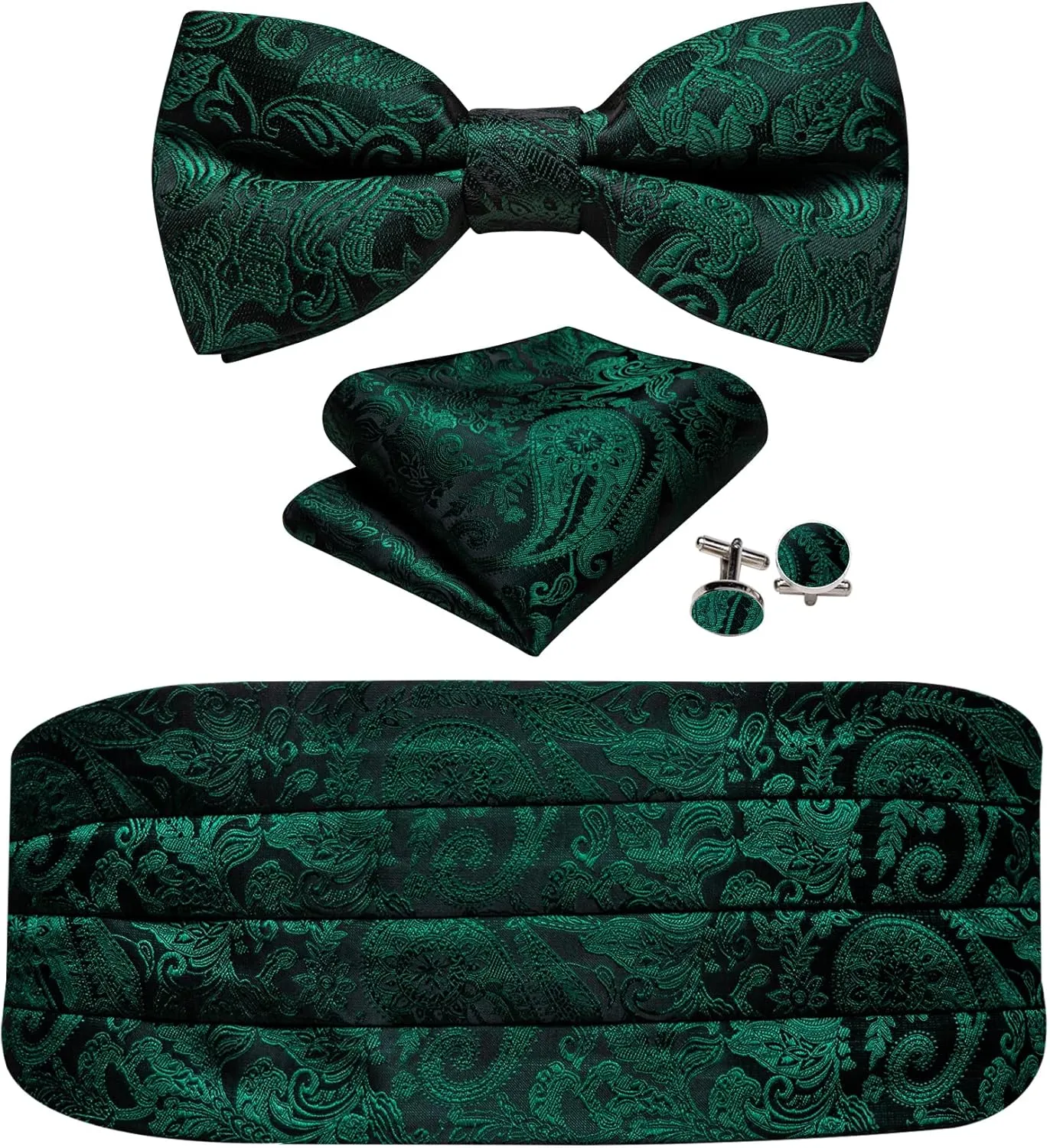 YOHOWA Men Cummerbund Bow Tie Set Silk Paisley Formal Pre-Tied Bowtie Pocket Square Cufflinks Wedding Party Prom